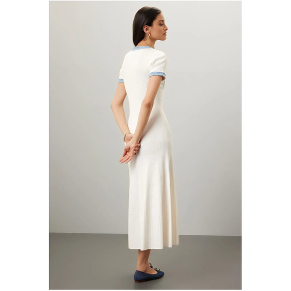 Sandro Alecia Dress Off-White Ribbed Maxi Denim Trim Short Sleeve Sz 36EU / 4 US - Picture 2 of 15